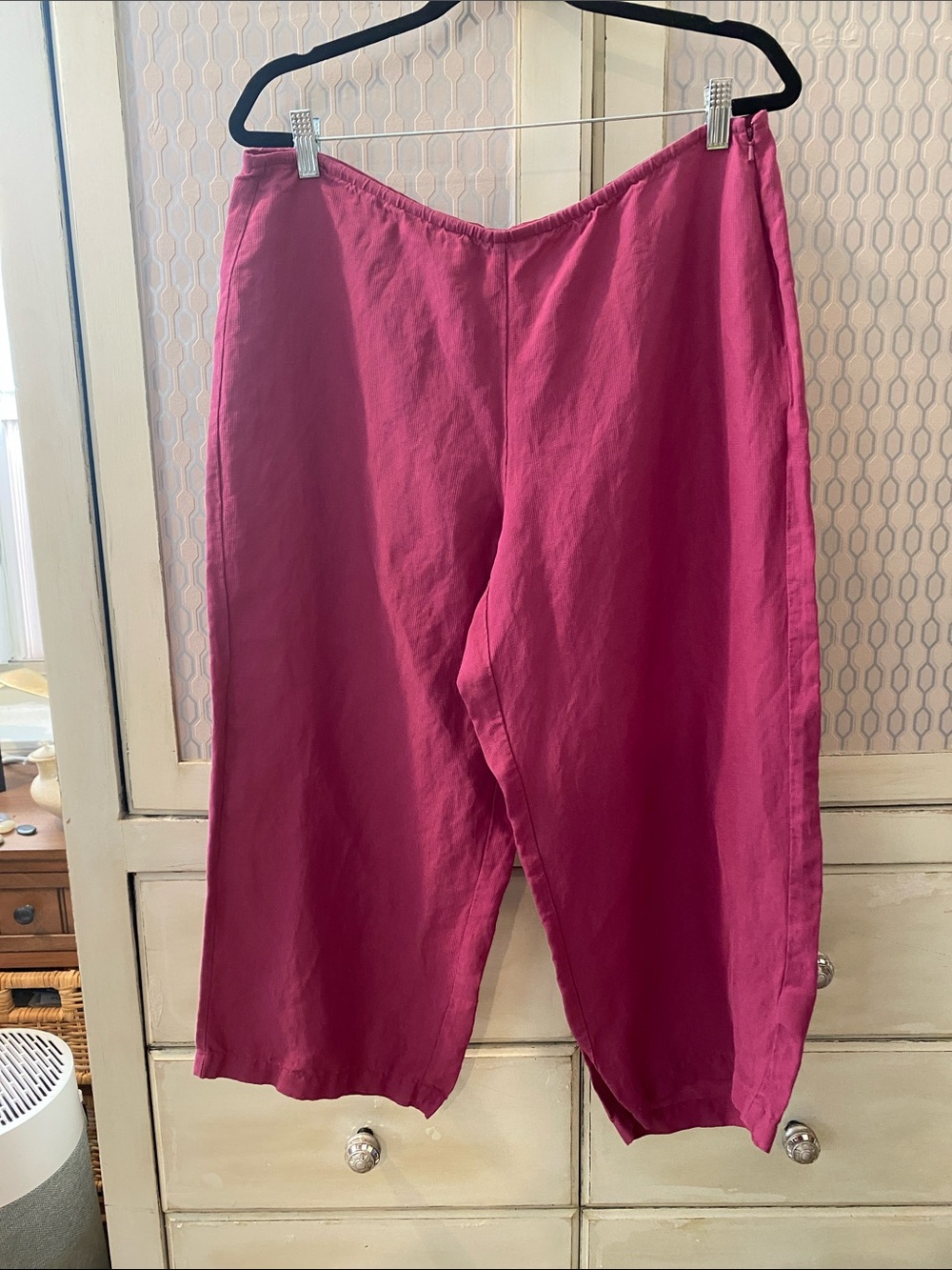 Eileen Fisher Women Linen Silk Wide Leg High Waisted Pants Ankle  L Plum
